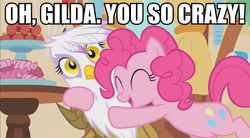 Size: 906x500 | Tagged: safe, edit, edited screencap, screencap, gilda, pinkie pie, earth pony, griffon, pony, g4, caption, female, hug, image macro, mare, meme, text