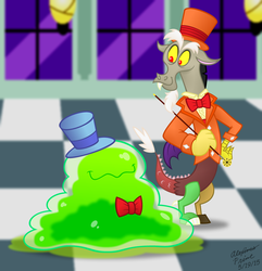 Size: 1024x1064 | Tagged: safe, artist:aleximusprime, discord, smooze, g4, make new friends but keep discord, my little pony: friendship is magic, bowtie, checkered floor, clothes, duo, hat, male, necktie