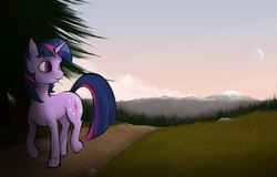 Size: 3000x1921 | Tagged: safe, artist:qsteel, twilight sparkle, pony, unicorn, g4, female, mountain, road, scenery, smiling, solo