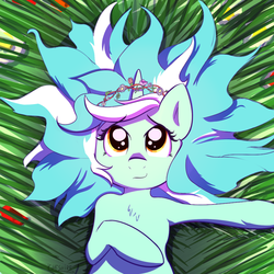 Size: 1000x1000 | Tagged: safe, artist:cheshiresdesires, lyra heartstrings, pony, unicorn, semi-anthro, g4, chest fluff, cute, female, floral head wreath, grass, looking up, lying in grass, mare, on back, smiling, solo, spread out hair