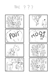 Size: 1748x2480 | Tagged: safe, artist:kiwi, discord, rarity, spike, twilight sparkle, human, g4, clone, disguise, elf ears, harem, horn, horned humanization, humanized, monochrome, twilight sparkle (alicorn), winged humanization