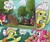 Size: 844x706 | Tagged: safe, artist:agnes garbowska, idw, official comic, apple bloom, granny smith, pinkie pie, earth pony, pony, friendship is magic #30, g4, my little pony: friendship is magic (idw), spoiler:comic, apple pie, catapult, cheek bulge, comic, cropped, eating, female, filly, foal, food, full mouth, mare, pie, speech bubble, stuffing, that pony sure does love eating, tree