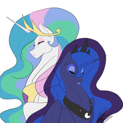 Size: 900x900 | Tagged: safe, artist:muirne, artist:wispywinterwind, princess celestia, princess luna, g4, eyes closed, simple background