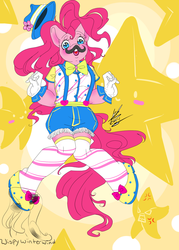 Size: 865x1208 | Tagged: safe, artist:muirne, pinkie pie, earth pony, anthro, g4, clothes, fake moustache, female, party, solo