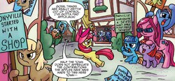 Size: 1266x588 | Tagged: safe, artist:agnes garbowska, idw, official comic, apple bloom, filthy rich, granny smith, mjölna, earth pony, pony, friendship is magic #30, g4, my little pony: friendship is magic (idw), spoiler:comic