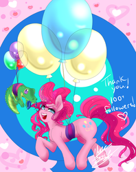 Size: 761x959 | Tagged: safe, artist:muirne, artist:wispywinterwind, gummy, pinkie pie, g4, balloon, then watch her balloons lift her up to the sky