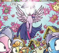 Size: 914x811 | Tagged: safe, artist:agnesgarbowska, idw, official comic, aloe, bon bon, carrot top, golden harvest, lotus blossom, lyra heartstrings, sweetie drops, twilight sparkle, alicorn, pony, g4, spoiler:comic, spoiler:comic30, clothes, cropped, female, glowing eyes, majestic, mare, pie, spa twins, speech bubble, twilight sparkle (alicorn)