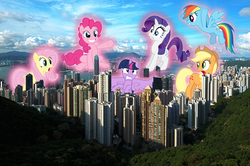Size: 4227x2813 | Tagged: safe, artist:auskeldeo, applejack, fluttershy, pinkie pie, rainbow dash, rarity, twilight sparkle, alicorn, pony, g4, city, female, frown, giant pony, giant rainbow dash, grin, gritted teeth, growth, high res, highrise ponies, hong kong, irl, macro, magic, mare, mega twilight sparkle, mega/giant rainbow dash, open mouth, photo, ponies in real life, smiling, spread wings, twilight sparkle (alicorn), wide eyes
