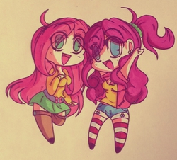 Size: 2352x2126 | Tagged: safe, artist:0magnoliarowe0, fluttershy, pinkie pie, human, g4, chibi, clothes, high res, humanized, midriff, skirt, traditional art