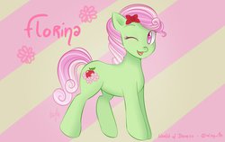 Size: 1124x710 | Tagged: safe, artist:liny-an, florina tart, earth pony, pony, g4, apple family member, flower, one eye closed, ribbon, solo, wink