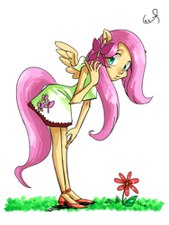 Size: 600x800 | Tagged: safe, artist:cofotory, fluttershy, equestria girls, g4, clothes, dress, eared humanization, female, flower, humanized, ponied up, simple background, solo, tailed humanization, white background, winged humanization