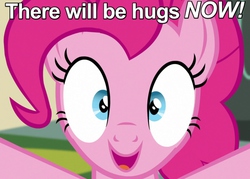 Size: 700x500 | Tagged: safe, screencap, pinkie pie, g4, make new friends but keep discord, bronybait, caption, cropped, excited, female, happy, he wants all of the cakes, hug, image macro, looking at you, open mouth, solo