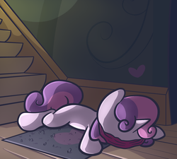 Size: 1280x1152 | Tagged: safe, artist:spikedmauler, sweetie belle, pony, unicorn, g4, blindfold, faceplant, female, go ask sweetie belle, prone, rug, solo, stairs