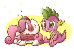 Size: 1500x1000 | Tagged: safe, artist:spikedmauler, spike, sweetie belle, ladybug, pony, unicorn, g4, blindfold, cute, duo, frown, go ask sweetie belle, prone, simple background, smiling, transparent background
