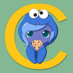 Size: 1000x1000 | Tagged: safe, artist:jdan-s, princess luna, g4, :3, c, clothes, colored pupils, cookie, cookie monster, cute, female, filly, green background, hoodie, looking at you, lunabetes, nom, sesame street, signature, simple background, solo, weapons-grade cute, woona
