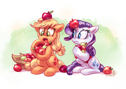 Size: 1800x1275 | Tagged: safe, artist:whitediamonds, applejack, rarity, earth pony, pony, unicorn, rarijack daily, g4, apple, duo, duo female, female, food, hat, horn, horn guard, horn impalement, lesbian, mare, missing accessory, open mouth, ship:rarijack, shipping, sitting, sweat, that pony sure does love apples, why can't i hold all these x