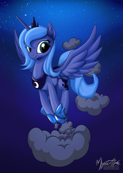 Size: 955x1351 | Tagged: safe, artist:mysticalpha, princess luna, alicorn, pony, g4, cloud, female, looking at you, mare, pronking, s1 luna, smiling, solo, spread wings