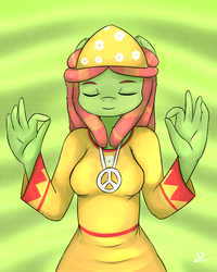 Size: 1024x1280 | Tagged: safe, artist:wolfy-pony, tree hugger, anthro, g4, make new friends but keep discord, clothes, eyes closed, female, mercedes symbol mistaken for peace sign, solo