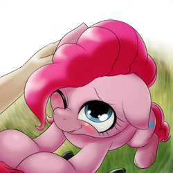 Size: 1000x1000 | Tagged: safe, artist:ushiro no kukan, pinkie pie, earth pony, human, pony, g4, blushing, cute, diapinkes, female, floppy ears, hand, mare, nose wrinkle, one eye closed, outdoors, petting, solo, ushiro is trying to murder us