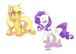 Size: 700x500 | Tagged: safe, artist:kkmlp28, applejack, rarity, g4, duo, full body, looking at someone, raised hoof, simple background, white background