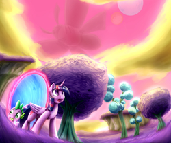 Size: 2850x2366 | Tagged: safe, artist:otakuap, spike, twilight sparkle, oc, oc:fluffy the bringer of darkness, alicorn, dragon, insect, moth, pony, g4, animal, female, giant insect, high res, looking up, male, mare, open mouth, pink sky, portal, scenery, surprised, twilight sparkle (alicorn), wide eyes
