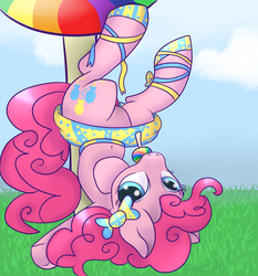 Size: 1024x1097 | Tagged: safe, artist:tuxisthename, pinkie pie, g4, belly button, clothes, cute, diapinkes, dress, featureless crotch, female, lollipop, looking at you, shoes, skirt, solo, upside down, upskirt