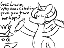 Size: 800x600 | Tagged: safe, artist:wyodak, princess cadance, princess luna, g4, exploitable meme, gee bill, horny luna, hot dog, hotdog meme, meme, monochrome