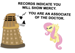 Size: 610x429 | Tagged: safe, fluttershy, alien, pegasus, pony, g4, antagonist, crossover, dalek, doctor who, duo, flutterbadass, simple background, the stare