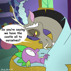 Size: 1045x1040 | Tagged: safe, artist:strebiskunk, discord, spike, draconequus, dragon, g4, make new friends but keep discord, gay, imminent rape, implied foalcon, male, scene interpretation, ship:dispike, shipping, stranger danger, this will end in jail time, this will end in tears