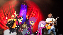 Size: 1280x720 | Tagged: safe, screencap, apple bloom, scootaloo, sweetie belle, equestria girls, g4, battle of the bands, cutie mark crusaders, devil horn (gesture), rock (music), tenacious d