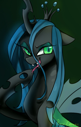 Size: 661x1039 | Tagged: safe, artist:rocy canvas, queen chrysalis, changeling, changeling queen, g4, crown, eyeshadow, fangs, female, floppy ears, jewelry, lidded eyes, looking at you, makeup, open mouth, pixiv, raised hoof, regalia, smiling, solo, tongue out