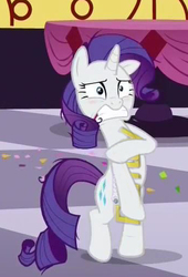 Size: 344x507 | Tagged: safe, edit, edited screencap, screencap, rarity, g4, make new friends but keep discord, assisted exposure, clothing theft, covering, cropped, discovery family logo, embarrassed, fourth wall, implied nudity, naked rarity, we don't normally wear clothes