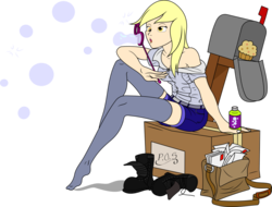 Size: 1026x778 | Tagged: safe, artist:empty-10, artist:midnightblitzz, derpy hooves, human, g4, blowing bubbles, boots, bubble, clothes, cute, female, humanized, mailbag, mailmare, muffin, simple background, solo, stockings, transparent background, vector