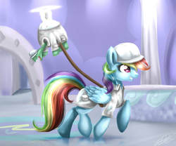 Size: 600x500 | Tagged: safe, artist:yummiestseven65, rainbow dash, tank, pegasus, pony, g4, tanks for the memories, clothes, day, duo, female, leash, mare, scene interpretation, weather factory, weather factory uniform, winter lab