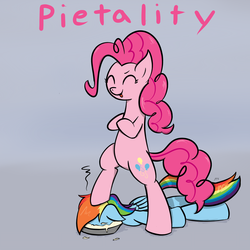Size: 1440x1440 | Tagged: safe, artist:muffinsforever, pinkie pie, rainbow dash, earth pony, pegasus, pony, g4, fatality, female, hilarious in hindsight, mortal kombat, pie, pied, pun, standing on head
