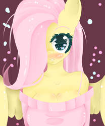 Size: 5000x6000 | Tagged: safe, artist:fladdykin, fluttershy, anthro, g4, absurd resolution, big breasts, blushing, breasts, busty fluttershy, cleavage, clothes, female, hair over one eye, looking at you, off shoulder, solo, sweater, sweatershy, wingding eyes