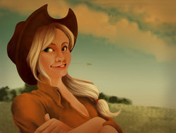 Size: 900x675 | Tagged: safe, artist:poneyberserk, applejack, human, g4, female, grin, humanized, solo, straw