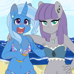 Size: 800x800 | Tagged: safe, artist:lucidlarceny, maud pie, trixie, earth pony, unicorn, anthro, g4, 2015, arm around neck, armpits, beach, belly button, belly piercing, bellyring, bikini, breasts, cleavage, clothes, drink, ear piercing, female, hand on hip, happy, helix piercing, jewelry, lesbian, midriff, necklace, open mouth, open smile, piercing, ship:mauxie, shipping, smiling, swimsuit, wip