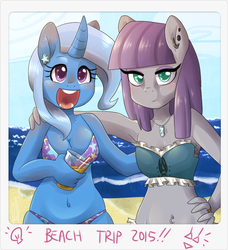 Size: 859x940 | Tagged: safe, artist:lucidlarceny, maud pie, trixie, earth pony, unicorn, anthro, g4, 2015, arm around neck, armpits, beach, belly button, belly piercing, bellyring, bikini, cleavage, clothes, drink, duo, ear piercing, female, hand on hip, happy, jewelry, lesbian, midriff, necklace, open mouth, open smile, piercing, polaroid, ship:mauxie, shipping, smiling, swimsuit