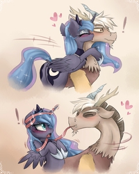 Size: 4000x5000 | Tagged: safe, artist:magnaluna, discord, princess luna, alicorn, draconequus, pony, g4, 2 panel comic, abstract background, absurd resolution, adorasexy, blushing, both cutie marks, butt, chest fluff, comic, crown, cute, discute, dock, drool, ear fluff, exclamation point, eyes closed, face licking, fangs, female, fluffy, heart, horn, hornboner, hug, impossibly long tongue, jewelry, kissing, leg fluff, licking, lunabetes, male, mare, moonbutt, non-consensual licking, open mouth, plot, question mark, regalia, sexy, ship:lunacord, shipping, shoulder fluff, slit pupils, straight, stupid sexy discord, stupid sexy princess luna, tentacle tongue, wing fluff, young discord, younger