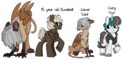 Size: 1965x967 | Tagged: safe, artist:dbkit, dumbbell, gusty, oc, oc:gabriel, griffon, pegasus, pony, unicorn, g1, g4, clipped wings, clothes, cloven hooves, female, g1 to g4, generation leap, griffon oc, headcanon, jacket, male, mare, simple background, stallion, transparent background, trio, wings