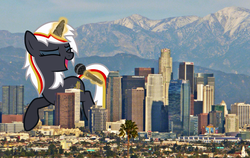 Size: 2401x1513 | Tagged: safe, artist:auskeldeo, oc, oc only, oc:velvet remedy, pony, unicorn, fallout equestria, city, eyes closed, fanfic, fanfic art, female, giant pony, glowing horn, highrise ponies, horn, irl, los angeles, macro, magic, mare, microphone, mountain, open mouth, photo, ponies in real life, singing, solo, telekinesis