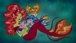 Size: 2700x1552 | Tagged: safe, artist:purfectprincessgirl, adagio dazzle, aria blaze, sonata dusk, oc, oc:adante, mermaid, siren, equestria girls, g4, bandeau, belly button, female, midriff, mother, mother and child, mother and daughter, siblings, sisters, the dazzlings, younger