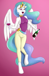 Size: 1241x1920 | Tagged: safe, artist:pentoolqueen, princess celestia, anthro, unguligrade anthro, hoofbeat 2, g4, breasts, drunk, drunklestia, female, hoofbeat, reasonably sized breasts, solo, wine