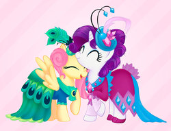 Size: 1609x1232 | Tagged: safe, artist:imoshie, fluttershy, rarity, pegasus, pony, unicorn, g4, make new friends but keep discord, alternate hairstyle, clothes, dress, duo, eyes closed, female, gala dress, happy, lesbian, nuzzling, peacock feathers, ship:flarity, shipping, smiling, smolshy