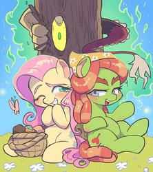 Size: 666x751 | Tagged: safe, artist:jirousan, discord, fluttershy, tree hugger, butterfly, earth pony, pegasus, pony, g4, make new friends but keep discord, blushing, female, food, jealous, mare, one eye closed, open mouth, sitting, smiling