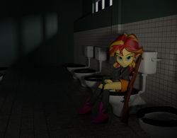 Size: 1024x800 | Tagged: safe, artist:bahpony, sunset shimmer, equestria girls, g4, 3d, 7.62mm, american enfield, creepy, female, full metal jacket, gun, kubrick stare, m1917 enfield, rifle, sitting, solo, this will end in tears, toilet, weapon