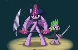 Size: 1275x825 | Tagged: dead source, safe, artist:firebrandkun, spike, twilight sparkle, pony, semi-anthro, g4, bipedal, duo, magic, ninja, ninjato, scythe, sword, twilight sparkle (alicorn)