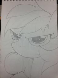 Size: 2203x2937 | Tagged: safe, artist:messenger, rainbow dash, g4, female, frown, glare, high res, monochrome, pencil drawing, sketch, solo, traditional art, unamused, underhoof