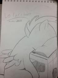 Size: 2203x2937 | Tagged: safe, artist:messenger, scootaloo, pegasus, pony, g4, book, caption, desk, facebook, facebooking, facedesk, female, filly, high res, le, may may xd, meme, monochrome, pencil drawing, sketch, sleeping, sleeping in class, solo, traditional art